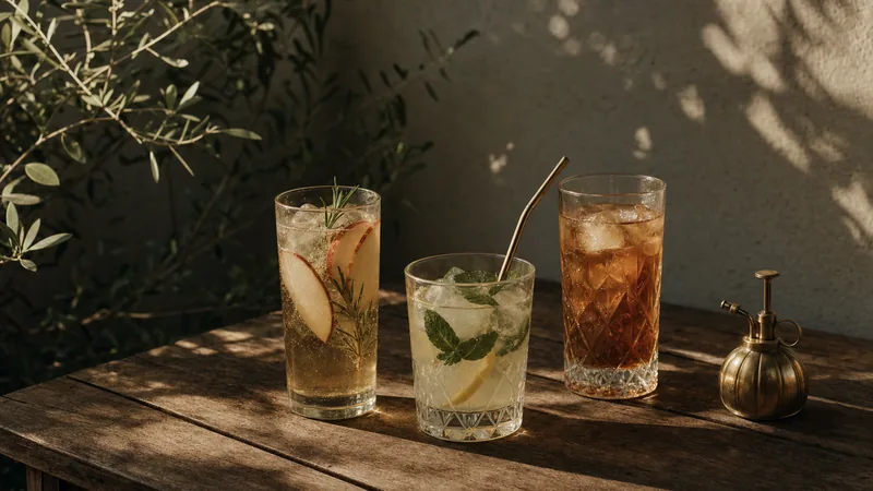 Drei Gläser mit Apfelschorle, Limonade mit Minze und Eistee auf einem Holztisch
