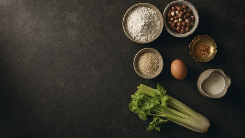 Kleine Keramikschalen mit Weizenmehl, Haselnüssen, Sesam, einem Ei, einem Milchkännchen, Sellerie und Senfsaat auf dunklem Schiefer