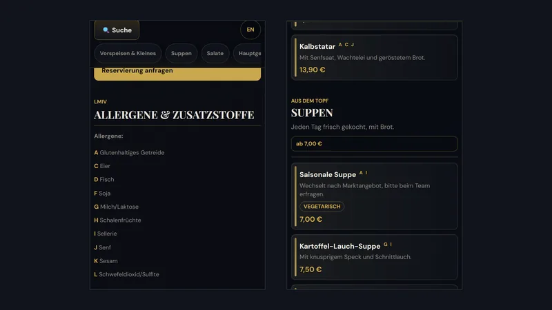 Legende der digitalen Speisekarte mit den Allergenen A bis N und den Zusatzstoff-Ziffern, daneben Gerichte mit den passenden Kennbuchstaben