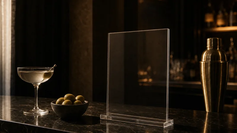 Leerer Acryl-Tischaufsteller auf einem dunklen Marmortresen neben einem Cocktailglas und einer Schale Oliven