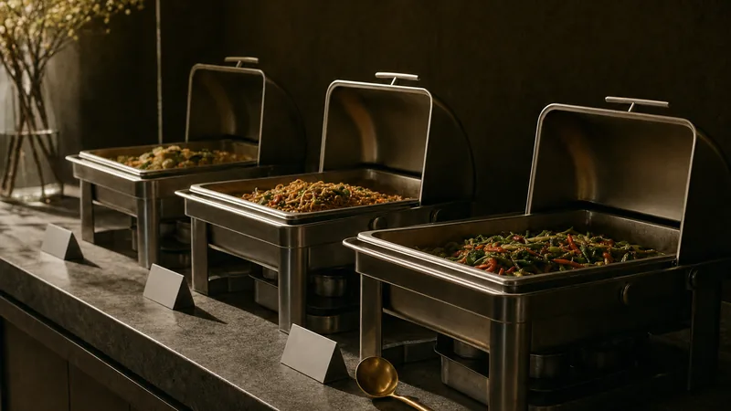 Mittagsbuffet im Asia-Restaurant Reihe von Warmhaltebehältern mit Nudeln und Gemüse, vor jedem ein leeres Schild