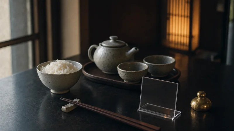 Digitale Speisekarte im Asia-Restaurant Dunkler Lacktisch mit Stäbchen, Teekanne, Reisschale und einem leeren Acryl-Aufsteller