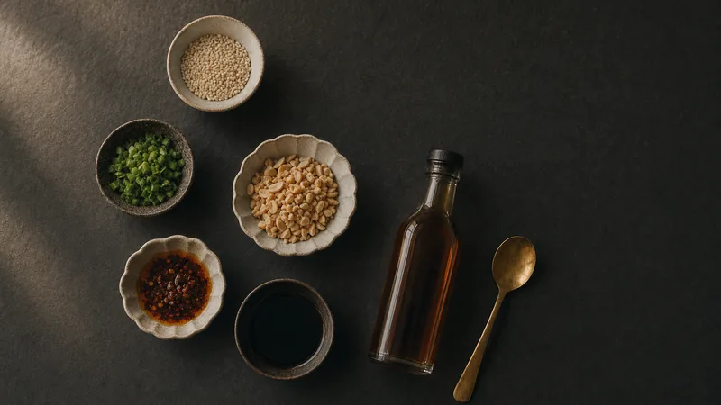 Allergene in der asiatischen Küche Schälchen mit Sojasauce, Sesam, Erdnüssen, Chiliöl und Frühlingszwiebeln auf Schiefer