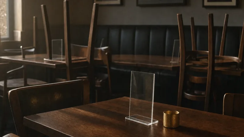 Aufsteller bleiben beim Betrieb Acryl-Aufsteller auf leeren Restauranttischen nach Feierabend, Stühle hochgestellt