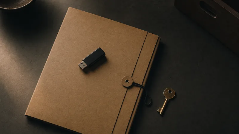 Dateipaket bei Vertragsende Schlichte Dokumentenmappe mit USB-Stick darauf und einem Messingschlüssel auf einem dunklen Schreibtisch