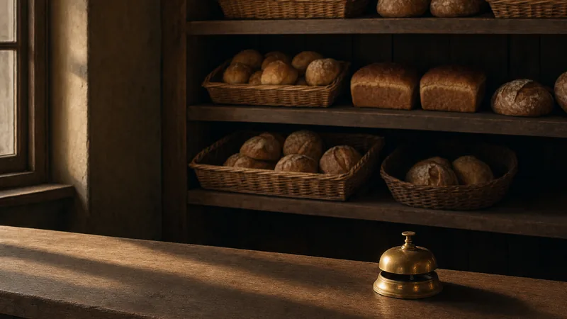 Digitale Speisekarte für Bäckerei-Cafés Bäckereitheke mit Körben voller Brötchen und Brotlaiben im Morgenlicht