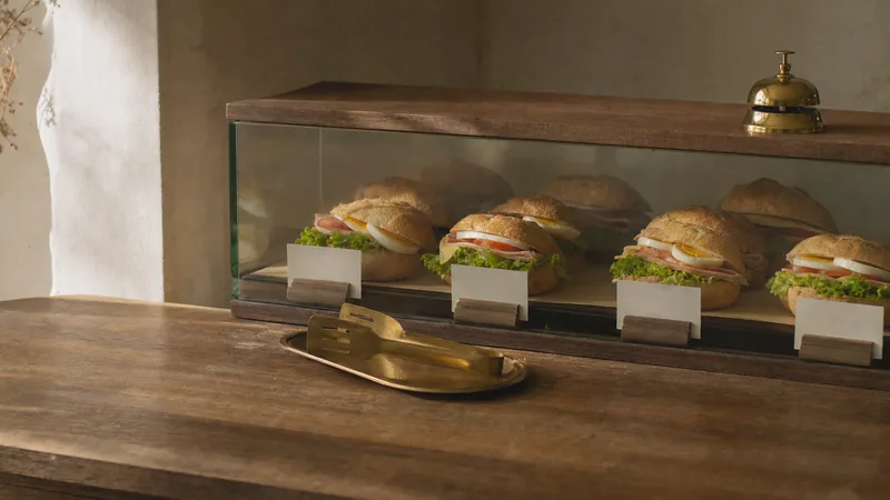 Belegte Brötchen und Allergene Glasauslage mit belegten Brötchen mit Käse, Schinken, Ei und Salat, davor leere Schildchen