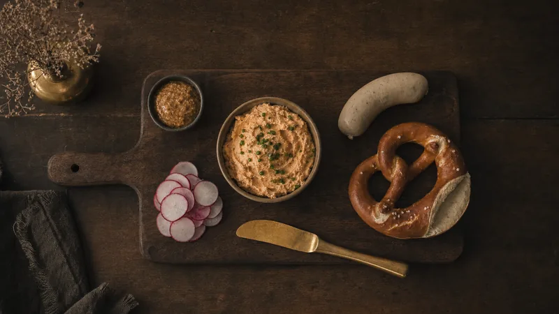 Brotzeit im Biergarten Holzbrett mit Obatzda, Radieschen, Brezel, Wurst und Senf von oben
