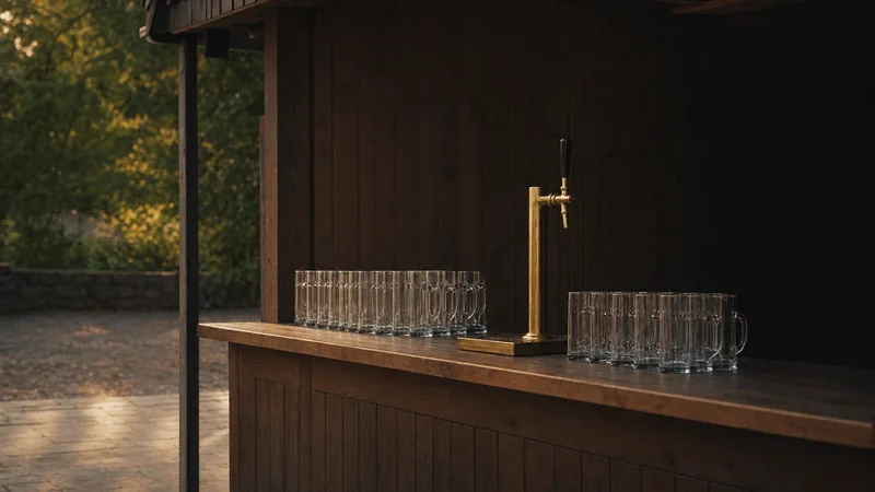 Selbstbedienung im Biergarten Ausschanktheke im Freien mit Reihen leerer Bierkrüge auf einer Holztheke