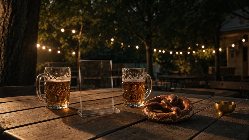 Digitale Speisekarte im Biergarten Biergartentisch unter Kastanien in der Dämmerung mit zwei Bierkrügen, einer Brezel und einem Acryl-Aufsteller