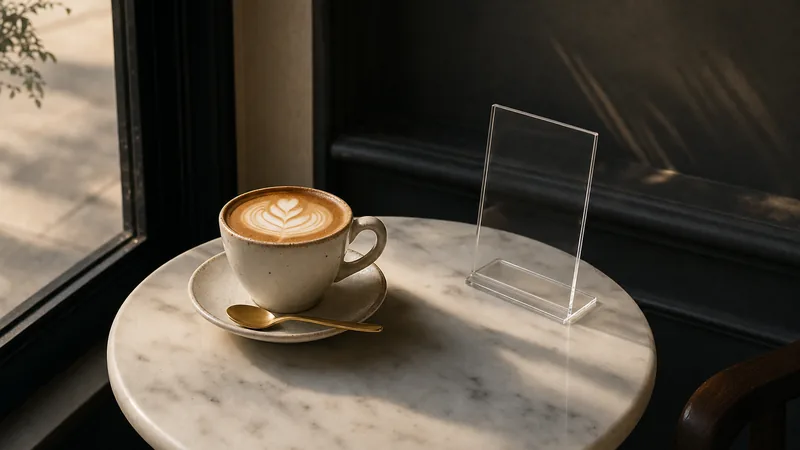Digitale Speisekarte im Café Cappuccino mit Milchschaum auf einem kleinen Marmortisch am Fenster neben einem Acryl-Aufsteller
