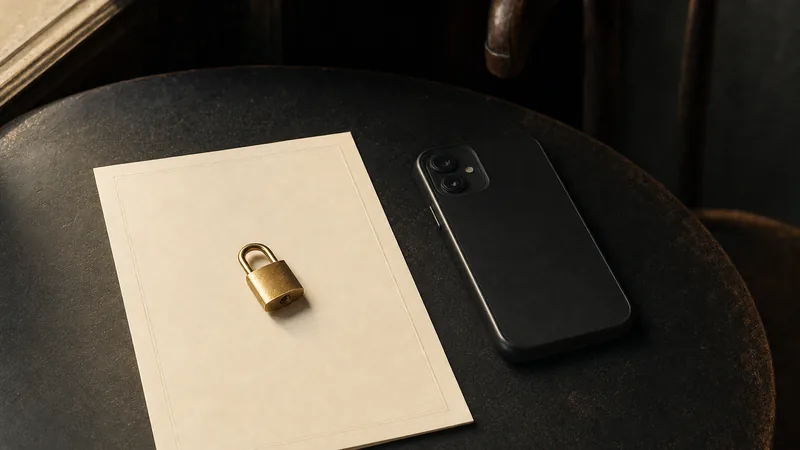 Geschlossenes Messing-Vorhängeschloss auf einer leeren Speisekarte neben einem umgedrehten Smartphone