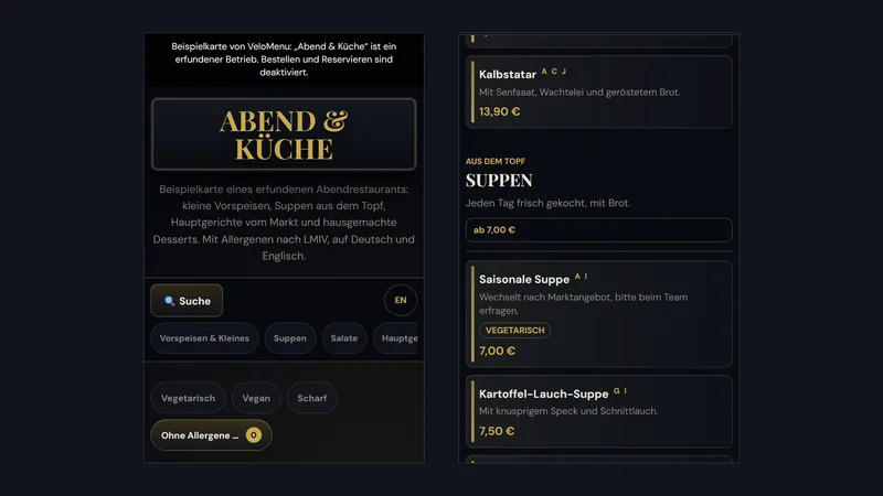 Zwei Handy-Ansichten der VeloMenu-Beispielkarte Abend & Küche: links Startseite mit Suche und Kategorien, rechts Suppen mit Preisen und Allergen-Kennbuchstaben