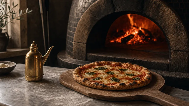 Holzofen mit Glut, davor eine frisch gebackene Pizza auf einem Pizzaschieber