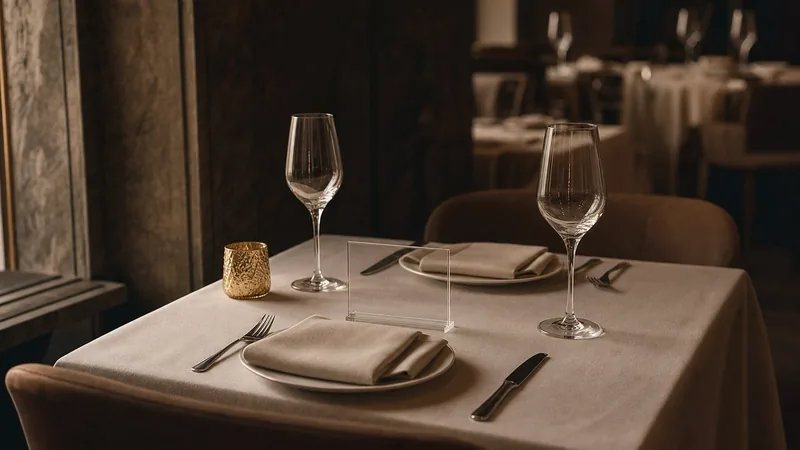Digitale Speisekarte im Restaurant Gedeckter Restauranttisch für zwei mit weißer Tischdecke, leeren Weingläsern und einem Acryl-Aufsteller in der Mitte