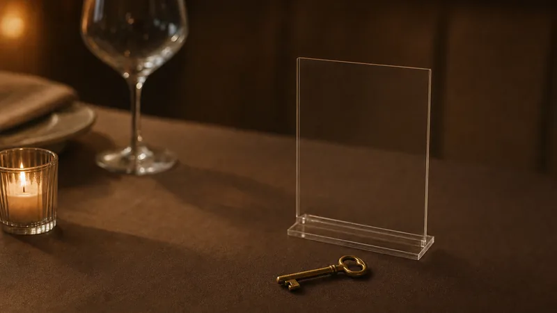 Messingschlüssel auf einem Restauranttisch neben einem leeren Acryl-Aufsteller, einer Kerze und einem Weinglas