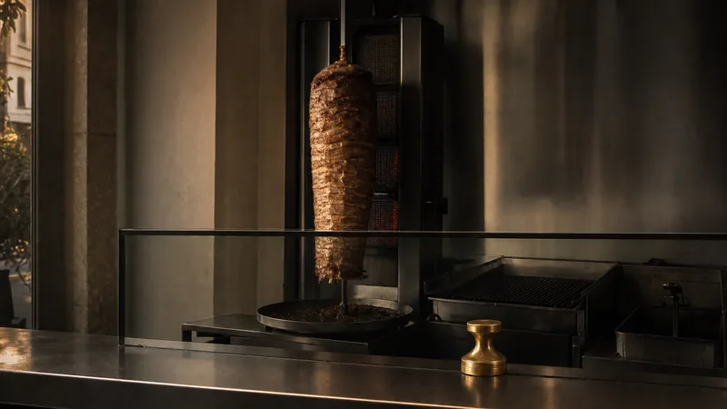 Digitale Speisekarte für den Döner-Imbiss Drehspieß hinter einer Glastheke in einem kleinen Döner-Imbiss mit Edelstahlflächen