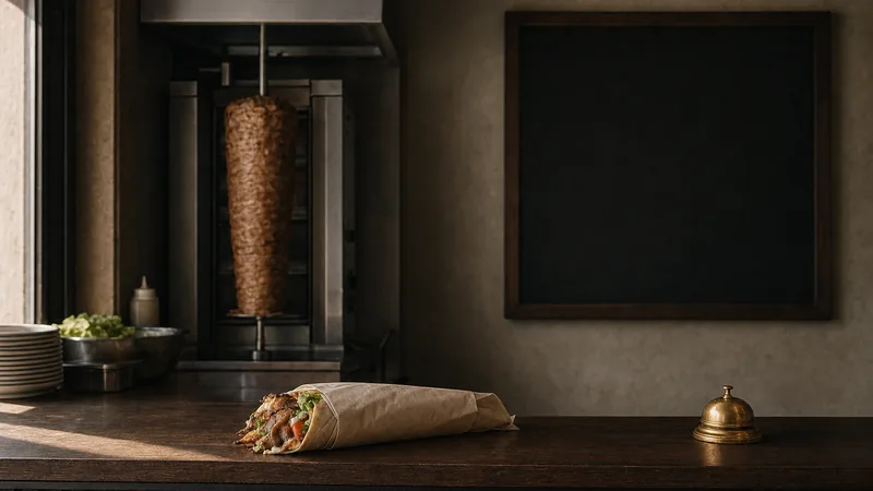Preisaushang im Döner-Imbiss Imbisstheke mit eingewickeltem Döner, dahinter eine leere schwarze Tafel an der Wand