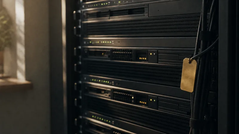 Rack-Server mit grünen und gelben Statuslichtern, daneben gebündelte Kabel mit einem leeren Anhänger aus Messing