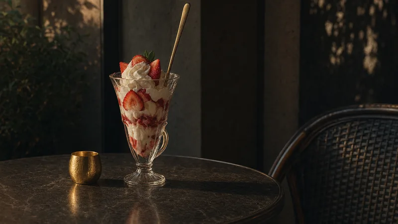 Eisbecher auf der Karte Eisbecher mit Sahne und Erdbeeren in einem hohen Glas auf einem Tisch im Freien