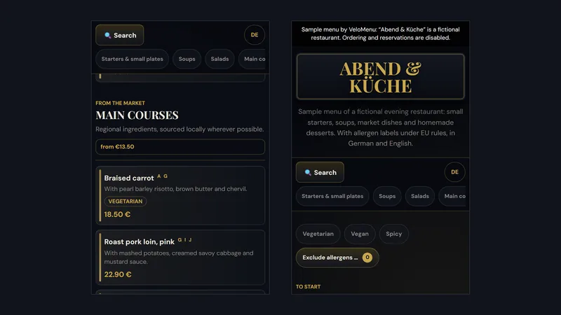 Englische Speisekarte auf dem Handy Englische Fassung der digitalen Speisekarte mit den Main Courses samt Beschreibungen und Preisen, daneben die englische Startansicht