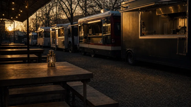 Foodtruck auf dem Street-Food-Markt Street-Food-Markt am Abend mit unscharfen Foodtrucks und Holzbänken im Vordergrund