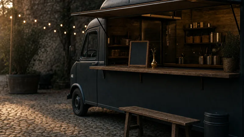 Digitale Speisekarte für den Foodtruck Foodtruck mit offener Ausgabeklappe in der Dämmerung, auf der Theke eine leere Kreidetafel