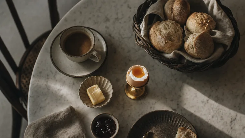 Frühstückskarte im Bäckerei-Café Frühstückstisch mit Brötchenkorb, Butter, Marmelade, Ei im Messing-Eierbecher und Kaffee