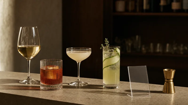 Bartheke mit drei Cocktails und einem Glas Weißwein vor unscharfen Flaschen