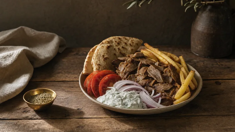 Teller mit Gyros, Tzatziki, Tomaten- und Zwiebelscheiben, Pommes und Pita auf einem Holztisch