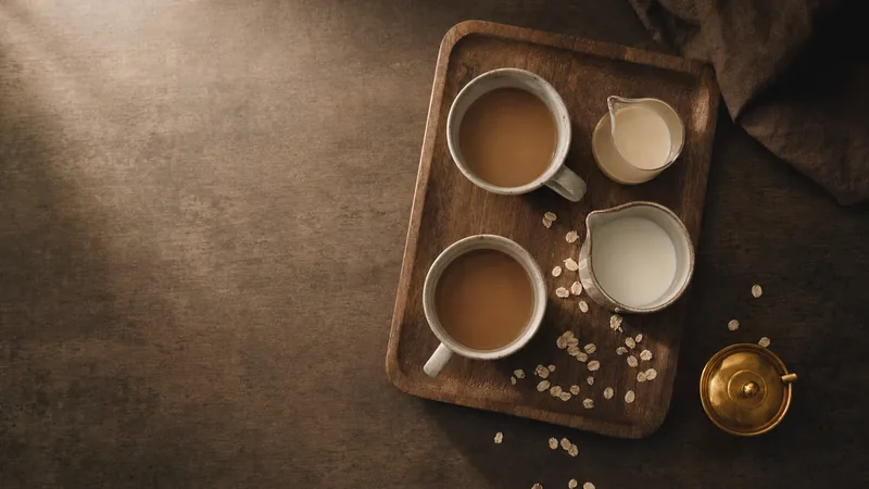Pflanzendrinks auf der Kaffeekarte Zwei Kaffeetassen, ein Kännchen Haferdrink und ein Kännchen Milch auf einem Holztablett