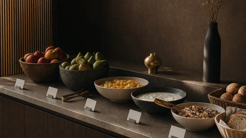 Hotel-Frühstücksbuffet mit Obst, Joghurt, Müsli und Brot, vor jeder Schale ein leeres Schild