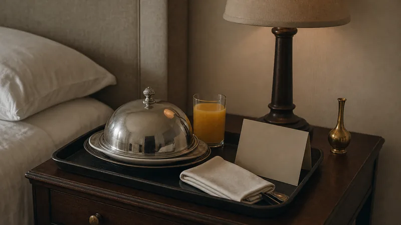 Zimmerservice-Tablett mit Servierglocke, Orangensaft und Serviette auf einem Hotel-Nachttisch