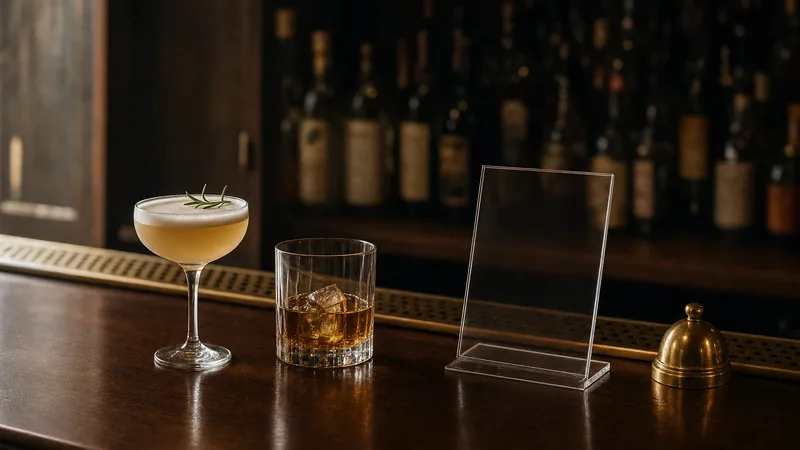 Bartheke mit Cocktailglas und Whiskyglas, dahinter unscharfe Flaschen ohne Etikett