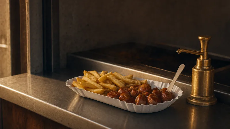 Digitale Speisekarte für den Imbiss Currywurst mit Pommes in einer Pappschale auf einer Edelstahltheke