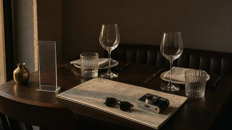 Internationale Gäste im Restaurant Restauranttisch mit gefaltetem Stadtplan, Kamera und Sonnenbrille neben einem Acryl-Aufsteller