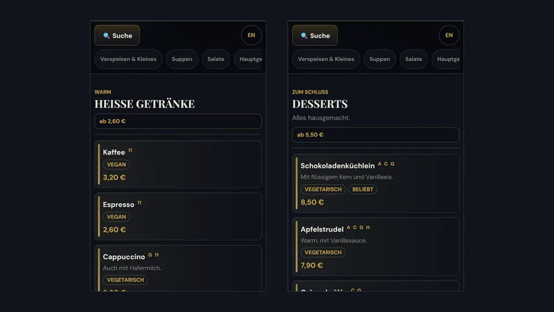 Kaffeekarte und Desserts als digitale Speisekarte Digitale Kaffeekarte mit Kaffee, Espresso, Cappuccino und Milchkaffee samt Preisen und Allergenen, daneben Desserts wie Apfelstrudel