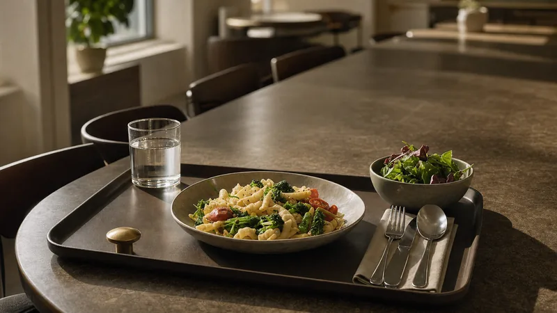 Digitaler Speiseplan für die Kantine Kantinentablett mit Nudeln und Gemüse, Salatschale und Wasserglas auf einem langen Tisch