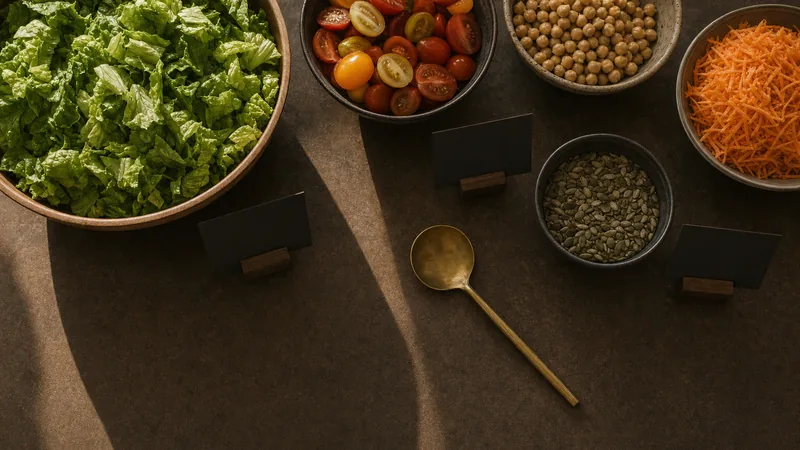 Vegetarisch und vegan in der Kantine Salatbar mit Schalen voller Salat, Tomaten, Kichererbsen, Karotten und Saaten
