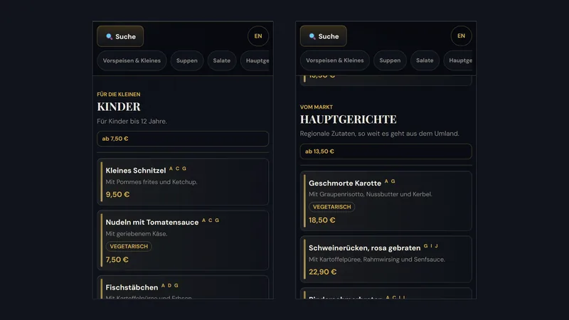 Digitale Speisekarte mit eigener Kategorie Kinder: kleines Schnitzel, Nudeln mit Tomatensauce und Fischstäbchen mit Preisen und Allergenen
