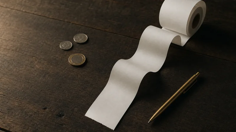 Versteckte Kosten kostenloser Speisekarten Lange leere Papierrolle auf einem dunklen Holztisch neben Münzen und einem Messingstift