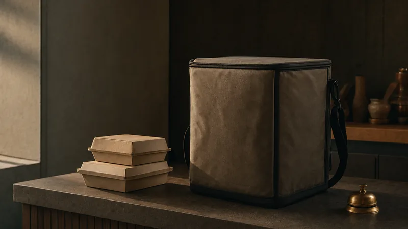 Thermotasche ohne Logo auf einer Restauranttheke neben zwei Boxen zum Mitnehmen
