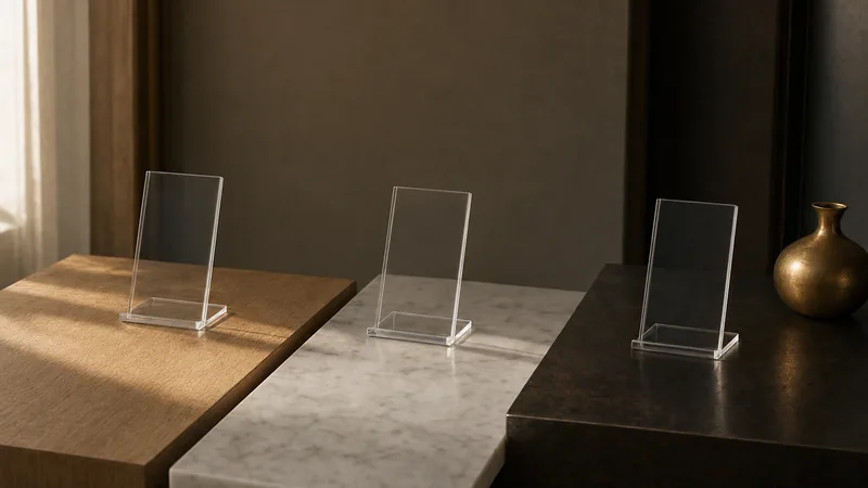 Digitale Speisekarte für mehrere Standorte Drei gleiche leere Acryl-Aufsteller auf Holz, Marmor und dunklem Metall nebeneinander