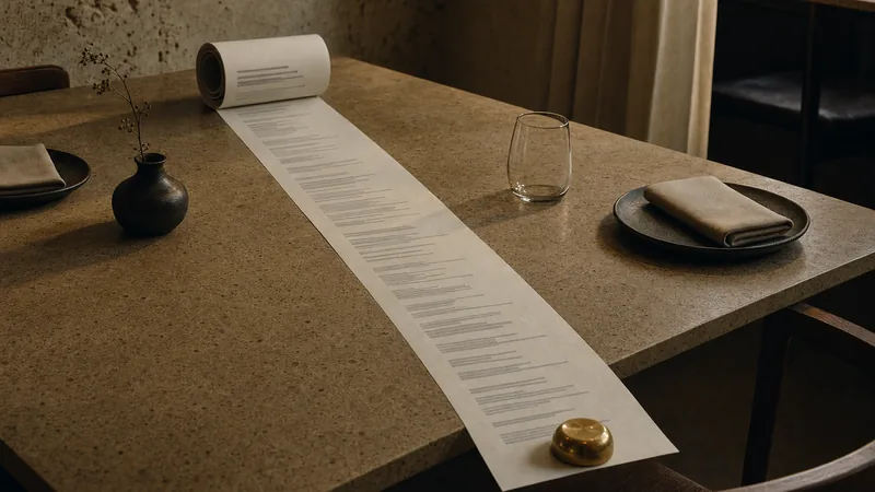Alternative zu MenüQR Sehr lange ausgedruckte Speisekarte mit vielen Zeilen, über einen Restauranttisch ausgerollt