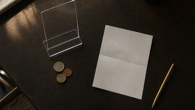 Alternative zu MenuTiger Euromünzen und ein leeres gefaltetes Rechnungsblatt neben einem Acryl-Aufsteller auf einem Holztisch