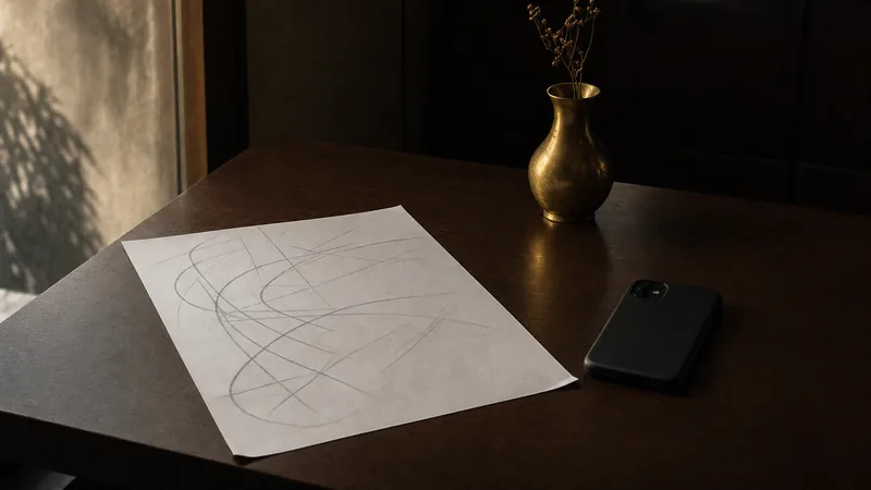 PDF-Speisekarte auf dem Handy Bedrucktes A4-Blatt mit grauen Linien auf einem Restauranttisch neben einem umgedrehten Smartphone
