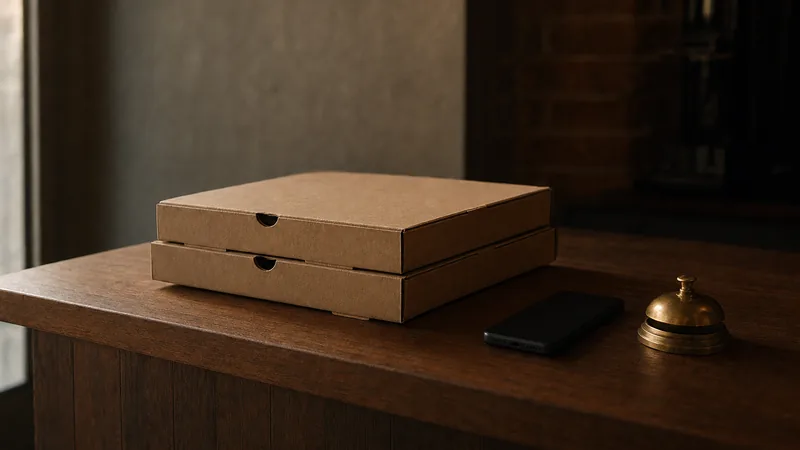 Zwei unbedruckte Pizzakartons auf einer Holztheke neben einem umgedrehten Smartphone