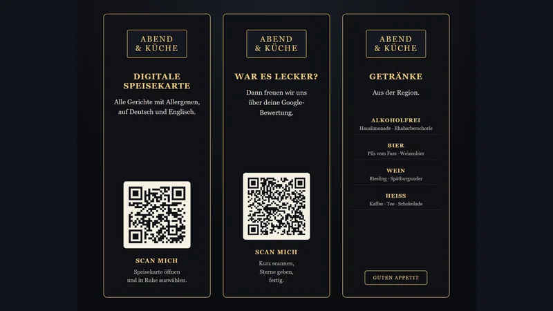 Dreiseitiger Prisma-Tischaufsteller mit QR-Code zur Speisekarte, QR-Code zur Google-Bewertung und einer Seite mit Getränke-Highlights