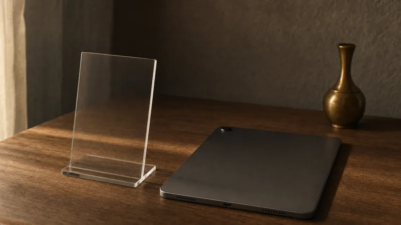 Leerer Acryl-Aufsteller und ein umgedrehtes Tablet nebeneinander auf einem Holztisch