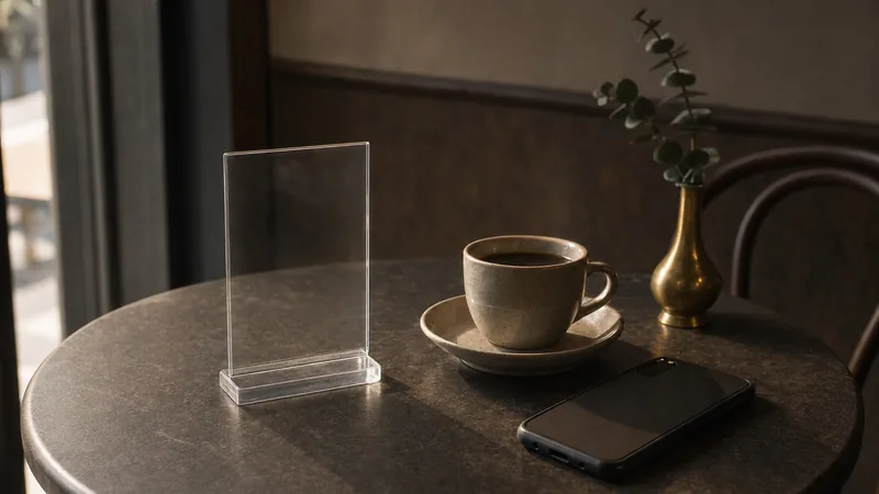 QR-Code-Speisekarte kostenlos erstellen Kleiner Cafétisch mit leerem Acryl-Aufsteller, Kaffeetasse und umgedrehtem Smartphone